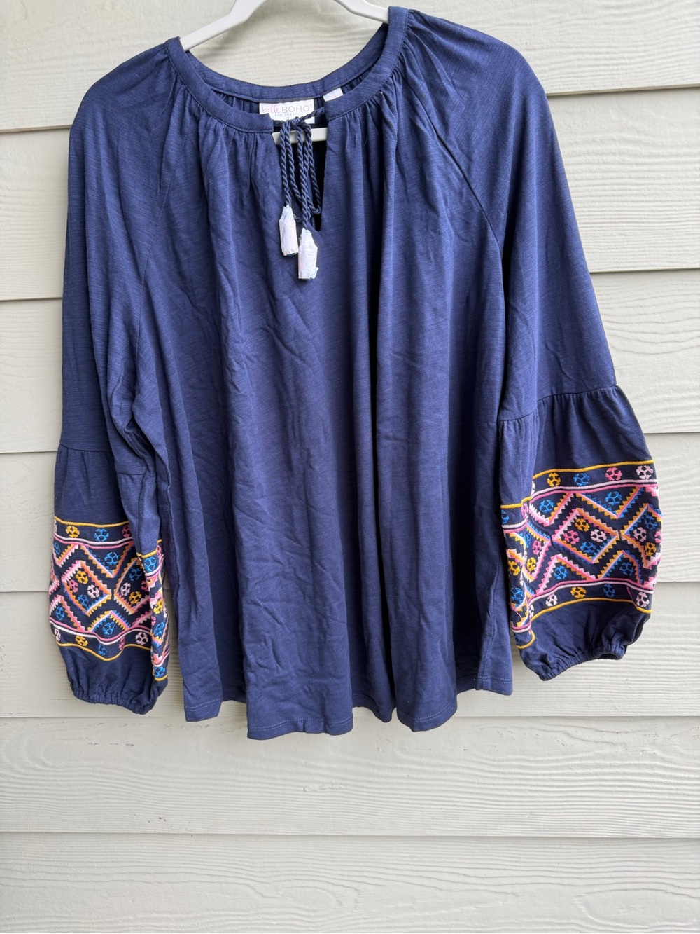 Boho Belle by Kim Gravel Navy Peasant Top with Colorful Embroidered Sleeves